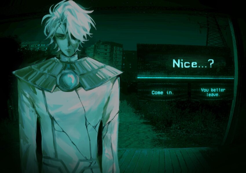 1boy blank_stare bodysuit brooch capelet cityscape cracked_clothes cracked_skin dialogue_box dialogue_options english_text green_theme jewelry looking_at_viewer male_focus nice_(to_be_hero_x) no_i&#039;m_not_a_human pao_fu226 porch serious short_hair solo to_be_hero to_be_hero_x white_hair