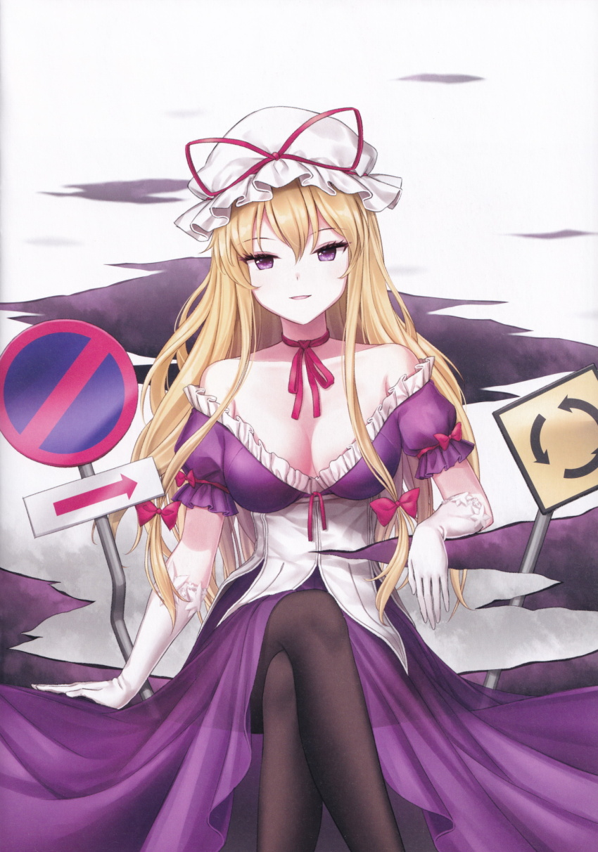1girl arrow_(symbol) black_pantyhose blonde_hair bow breasts choker cleavage crossed_legs dress elbow_gloves gap_(touhou) gloves hair_bow hat highres large_breasts long_hair looking_at_viewer minust mob_cap pantyhose purple_dress purple_eyes red_bow red_ribbon ribbon ribbon_choker road_sign roundabout_sign sign sitting solo stop_sign third-party_source touhou very_long_hair white_gloves white_hat yakumo_yukari