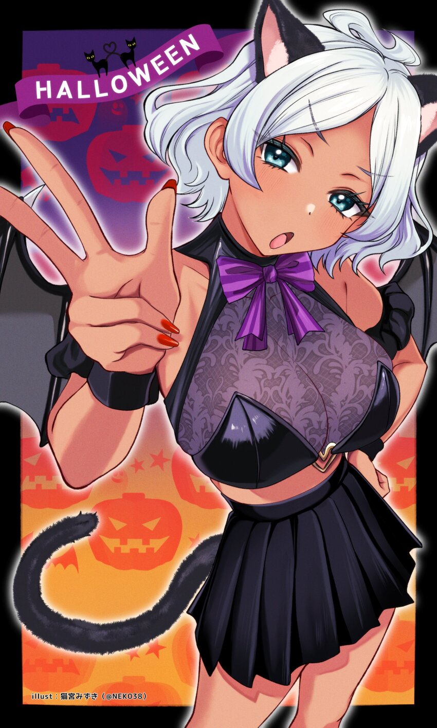 1girl absurdres ahoge animal_ears armlet artist_name black_bustier black_skirt blush bow bracelet breasts bustier cat_ears cat_tail cleavage dark-skinned_female dark_skin green_eyes gundam gundam_suisei_no_majo halloween halloween_costume highres jewelry large_breasts midriff nail_polish nekomiya_mizuki open_mouth purple_bow red_nails secelia_dote skirt tail twitter_username v white_hair