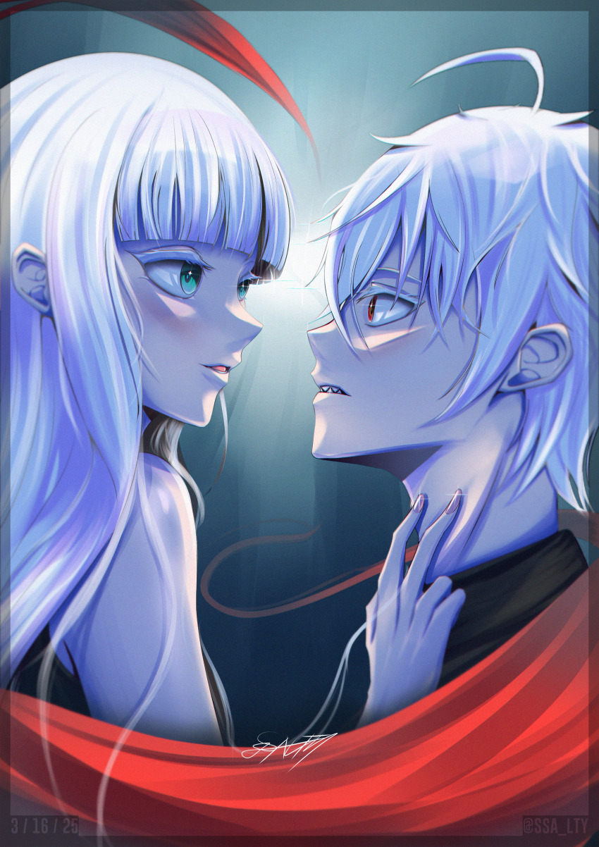 1boy 1girl absurdres adashino_benio blush couple enmadou_rokuro green_eyes highres husband_and_wife long_eyelashes long_hair pointy_teeth red_eyes sousei_no_onmyouji white_hair