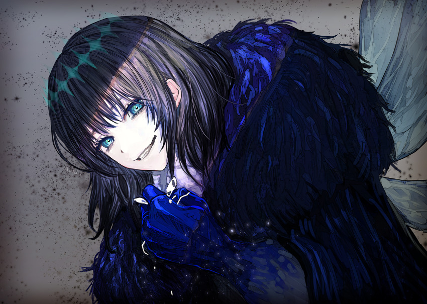 1boy arthropod_boy arthropod_limbs black_hair blue_eyes cape clenched_hand cloak crown diamond_hairband dragonfly_wings fate/grand_order fate_(series) fur-trimmed_cape fur-trimmed_cloak fur_trim highres insect_wings looking_at_viewer male_focus medium_hair oberon_(fate) oberon_(third_ascension)_(fate) official_alternate_hair_color smile solo waterstaring wings