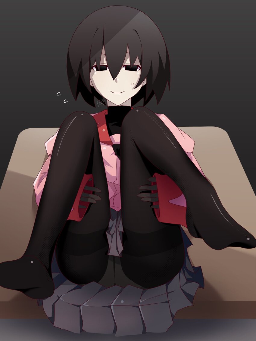 1girl artist_name ass black_eyes black_gloves black_hair black_necktie black_pantyhose black_shirt bob_cut closed_mouth collared_shirt commentary desk dress_shirt empty_eyes flying_sweatdrops gloves gradient_background grey_background grey_skirt hair_between_eyes hands_on_own_thighs highres juliet_sleeves legs_up long_sleeves looking_at_viewer lying monogatari_(series) nano-tan_(sakuta_sakuzi) naoetsu_high_school_uniform narrowed_eyes necktie nervous nervous_smile nervous_sweating no_shoes on_back on_desk oshino_ougi pale_skin panties panties_under_pantyhose pantyhose pantyshot pink_shirt pleated_skirt puffy_sleeves red_trim school_desk school_uniform shiny_clothes shirt short_hair signature sitting skirt sleeves_past_wrists smile solo sweat sweatdrop turtleneck underwear upskirt
