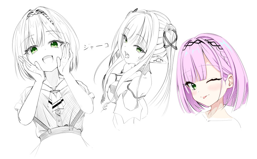 1girl :d ;p absurdres bare_shoulders between_breasts black_hairband blunt_bangs blunt_ends blush bob_cut breasts closed_mouth commentary cropped_torso eyelashes fangs green_eyes hair_behind_ear hair_intakes hairband hands_up happy heart heart-shaped_pupils highres looking_at_viewer medium_breasts miniskirt mizuka_academy_school_uniform multiple_views necktie necktie_between_breasts official_alternate_costume official_alternate_hair_length official_alternate_hairstyle one_eye_closed open_mouth pointy_ears saliva school_uniform shirt short_hair short_sleeves sidelocks skirt smile suspender_skirt suspenders symbol-shaped_pupils tanikaze_amane teeth tenshi_souzou_re-boot! tongue tongue_out tsurime uoouchan upper_body upper_teeth_only vampire viz_(tenshi_souzou_re-boot!) white_shirt