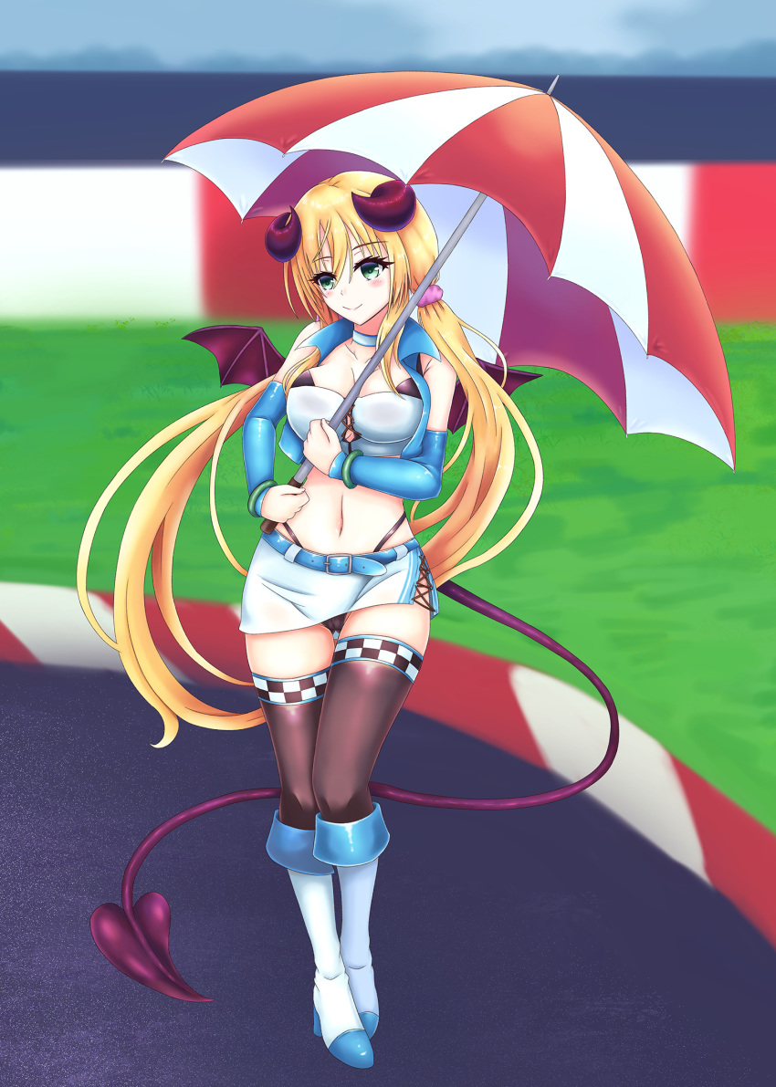 belt black_thighhighs blonde_hair boots breasts circuit cleavage demon_horns demon_tail demon_wings detached_sleeves elhddmois full_body hairband highres horns kerberos_blade knee_boots medium_breasts navel outdoors panties pantyshot parasol pencil_skirt pink_hairband race_queen side_lace-up_boots side_lace-up_pencil_skirt skirt sleeveless sleeveless_jacket tail thighhighs twintails umbrella underwear white_knee_boots white_pencil_skirt wings