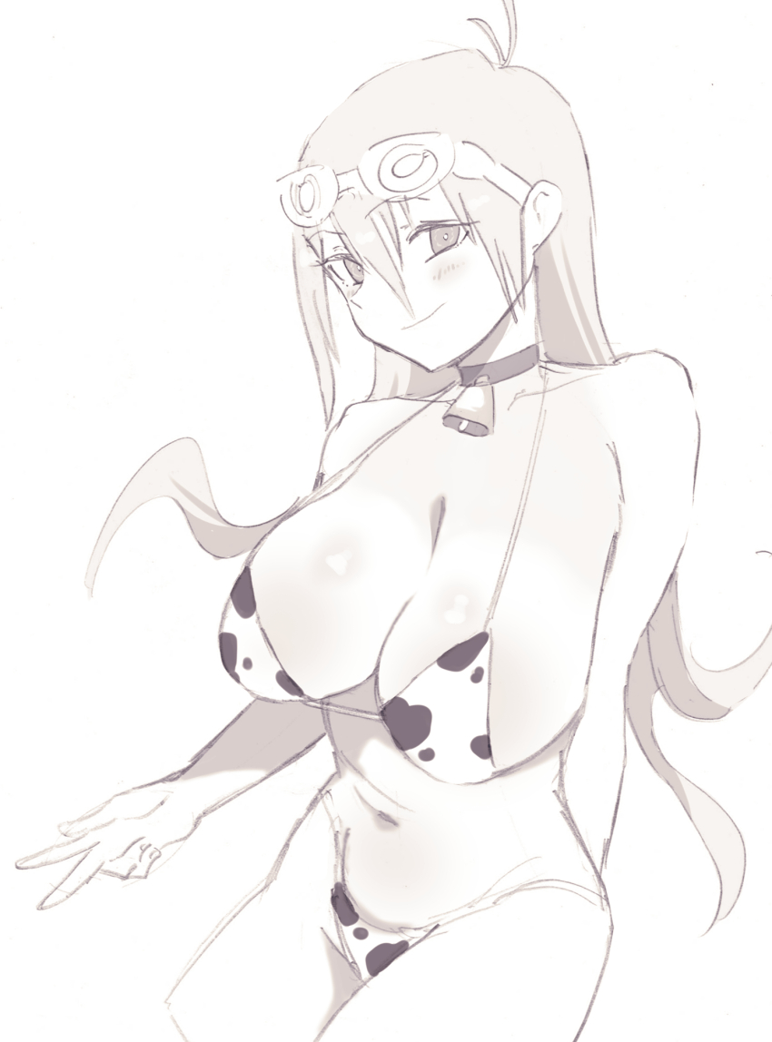 1girl animal_print antenna_hair bababaeki00 bare_shoulders bell bikini blonde_hair blush choker collarbone cow_print cow_print_bikini danganronpa_(series) danganronpa_v3:_killing_harmony goggles goggles_on_head highres iruma_miu looking_at_viewer navel neck_bell print_bikini shiny_skin smile stomach swimsuit v white_background