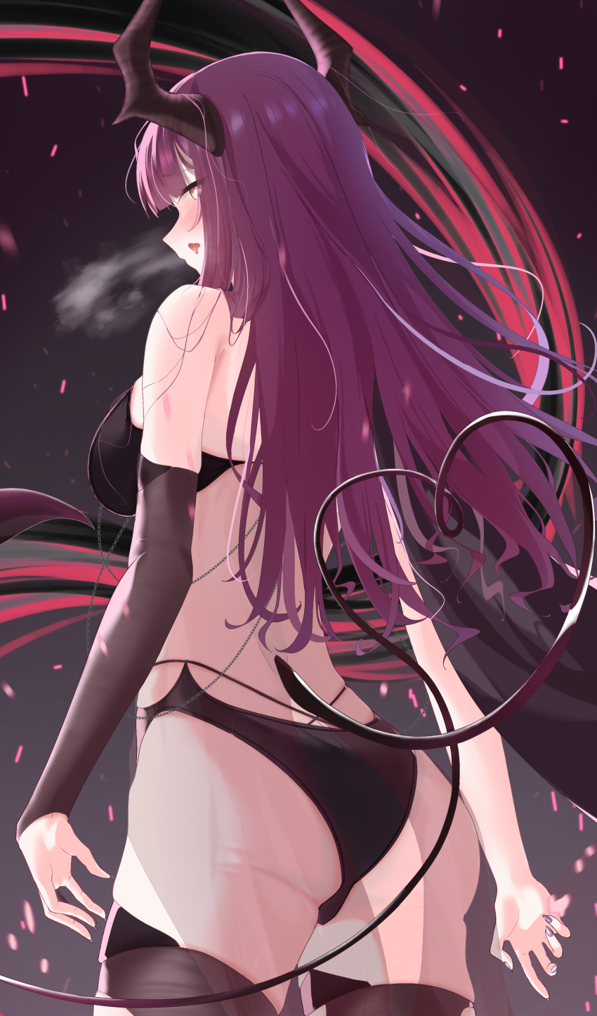 1girl absurdres ass azur_lane black_cape black_nails black_panties blush burning_lettuce cape demon_horns demon_tail devonshire_(azur_lane) devonshire_(sadistic_demon)_(azur_lane) drooling from_behind heart heart-shaped_pupils heart_tail highres horns long_hair looking_at_viewer looking_back mouth_drool official_alternate_costume panties parted_lips purple_hair solo symbol-shaped_pupils tail underwear yellow_eyes