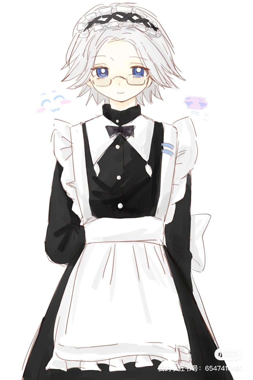 1boy aotsuki_eito apron arm_behind_back black_dress blue_eyes closed_mouth crossdressing dress glasses highres looking_at_viewer maid maid_apron maid_headdress male_focus parted_hair smile solo solo_focus the_hundred_line_-last_defense_academy- white_background white_hair