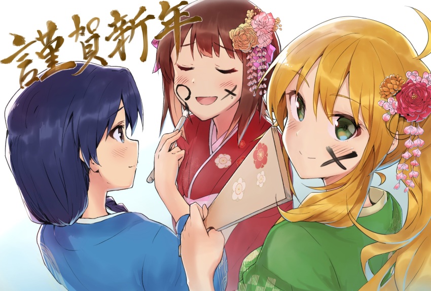 3girls ahoge amami_haruka blonde_hair blue_hair blue_kimono blush brown_hair calligraphy_brush closed_eyes closed_mouth drawing_on_another&#039;s_face facepaint flower green_eyes green_kimono hagoita hair_flower hair_ornament hanetsuki highres holding holding_calligraphy_brush holding_paddle holding_paintbrush hoshii_miki idolmaster idolmaster_(classic) japanese_clothes kimono kisaragi_chihaya long_hair looking_at_another looking_at_viewer multiple_girls open_mouth paddle paintbrush ponytail red_kimono short_hair shuucream_(syuichi) simple_background smile translation_request white_background