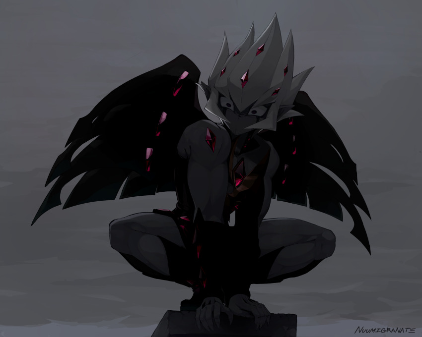1boy alternate_form artist_name bare_shoulders black_eyes body_markings chimney dark_persona demon_wings facing_to_the_side gauntlets gem grey_background hair_slicked_back hands_on_ground highres kneeling looking_down male_focus nuumigranate on_rock red_gemstone shingetsu_rei shirt sleeveless sleeveless_shirt spiked_hair spread_legs squatting toned toned_male turning_head vector_(yu-gi-oh!) wings yu-gi-oh! yu-gi-oh!_zexal