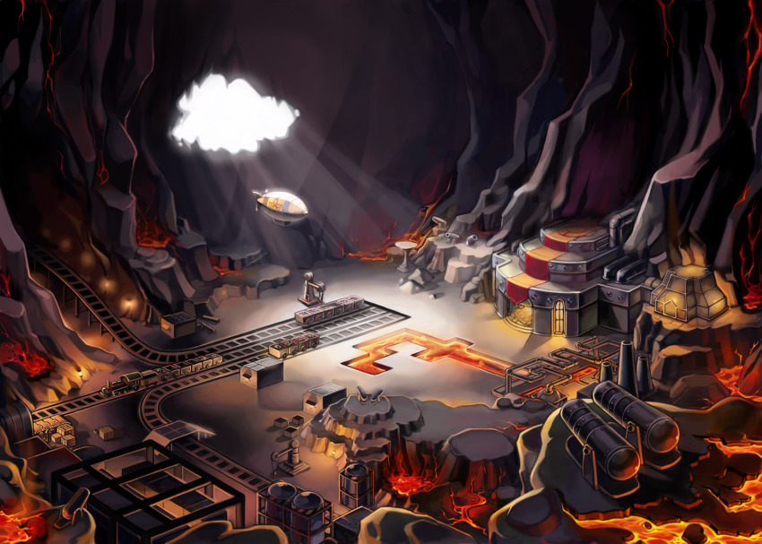 artist_request cave cave_interior factory highres in-universe_location lamp lava minecart no_humans official_art ragnarok_online railroad_tracks scenery window