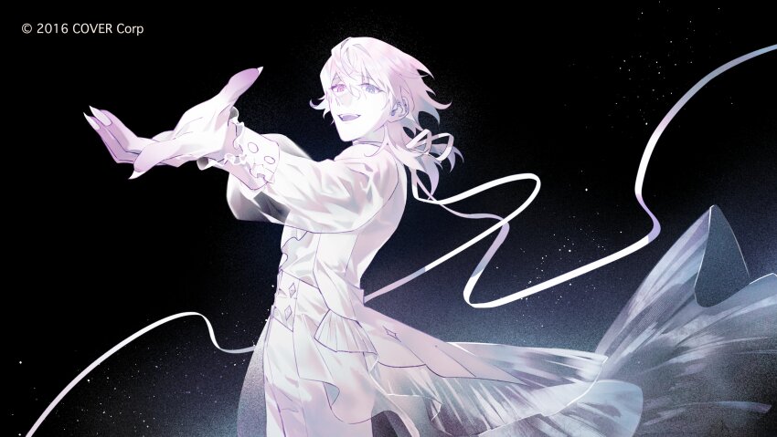 1boy absurdres bishounen blue_eyes blue_hair commentary copyright_notice english_commentary eyelashes foreshortening gavis_bettel hair_between_eyes heterochromia highres holostars holostars_english light_particles long_sleeves looking_at_viewer lynnear male_focus medium_hair multicolored_hair open_mouth pale_skin pink_eyes pink_hair ribbon smile solo standing upper_body vest virtual_youtuber waistcoat white_ribbon