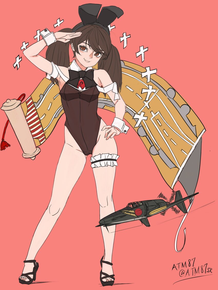 1girl absurdres aircraft airplane alternate_costume animal_ear_hairband animal_ears atm87 bare_legs black_bow black_bowtie bow bowtie breasts brown_eyes brown_hair brown_leotard detached_collar fake_animal_ears flight_deck frilled_thigh_strap full_body hairband hand_on_own_hip highres kantai_collection leotard long_hair magatama open-toe_shoes playboy_bunny rabbit_ears rabbit_tail red_background ribbon ryuujou_(kancolle) salute scroll shikigami small_breasts solo strapless strapless_leotard tail thigh_strap white_ribbon wrist_cuffs