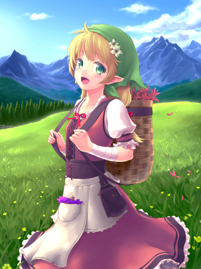 1girl :d antenna_hair apophis_str apron bag bandaged_arm bandages blonde_hair blue_sky blush day dress elf female_focus field flower frilled_dress frilled_sleeves frills grass green_eyes green_headscarf hair_flower hair_ornament hair_ribbon headscarf herb highres long_hair looking_at_viewer low-tied_long_hair mountain mountainous_horizon open_mouth original outdoors pocket pointy_ears puffy_short_sleeves puffy_sleeves red_dress red_ribbon ribbon short_sleeves sky smile solo standing tareme waist_apron white_apron