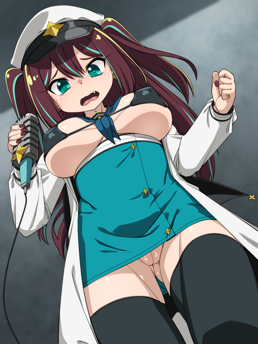@_@ bikini black_bikini black_thighhighs blush breasts brown_hair cleft_of_venus clenched_hand full-face_blush gluteal_fold green_eyes hair_between_eyes high-waist_skirt highres holding holding_microphone jacket large_breasts loco_musica looking_at_viewer looking_down mahou_shoujo_ni_akogarete medium_hair microphone military multicolored_hair nail_polish nurugamer-kouyouju open_mouth pussy sailor_collar short_twintails skirt smile streaked_hair swimsuit thighhighs twintails underboob white_jacket