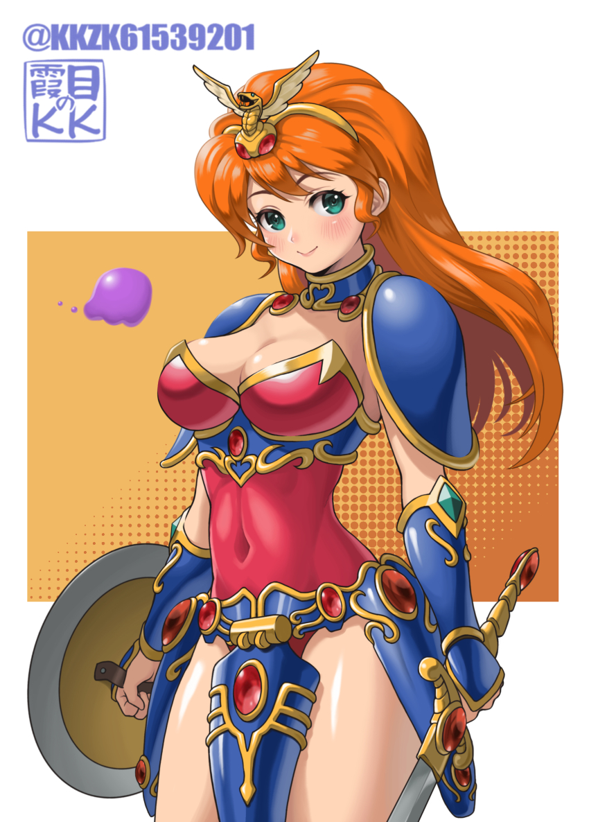 1girl armor artist_name blob blue_collar boobplate breastplate breasts cleavage closed_mouth collar commentary cowboy_shot creature faulds gem gold_hairband green_eyes hair_ornament hairband highres holding holding_shield holding_sword holding_weapon jewelry kkzk61539201 large_breasts leotard long_hair looking_to_the_side lucia_(madura_no_tsubasa) madura_no_tsubasa metal_collar orange_hair pauldrons red_gemstone red_leotard shield shoulder_armor skin_tight smile snake_hair_ornament solo standing strapless strapless_leotard sword thighs twitter_username vambraces weapon