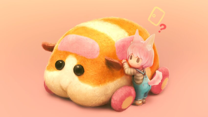 1girl ? animal_ears black_eyes blue_overalls brown_shoes cat_ears cat_girl cat_tail choco_(nekoita) closed_mouth door guinea_pig hashtag-only_commentary highres molcar nekoita original overalls pink_hair potato_(pui_pui_molcar) prison_clothes pui_pui_molcar red_background shirt shoes short_hair solid_oval_eyes standing striped_clothes striped_shirt tail