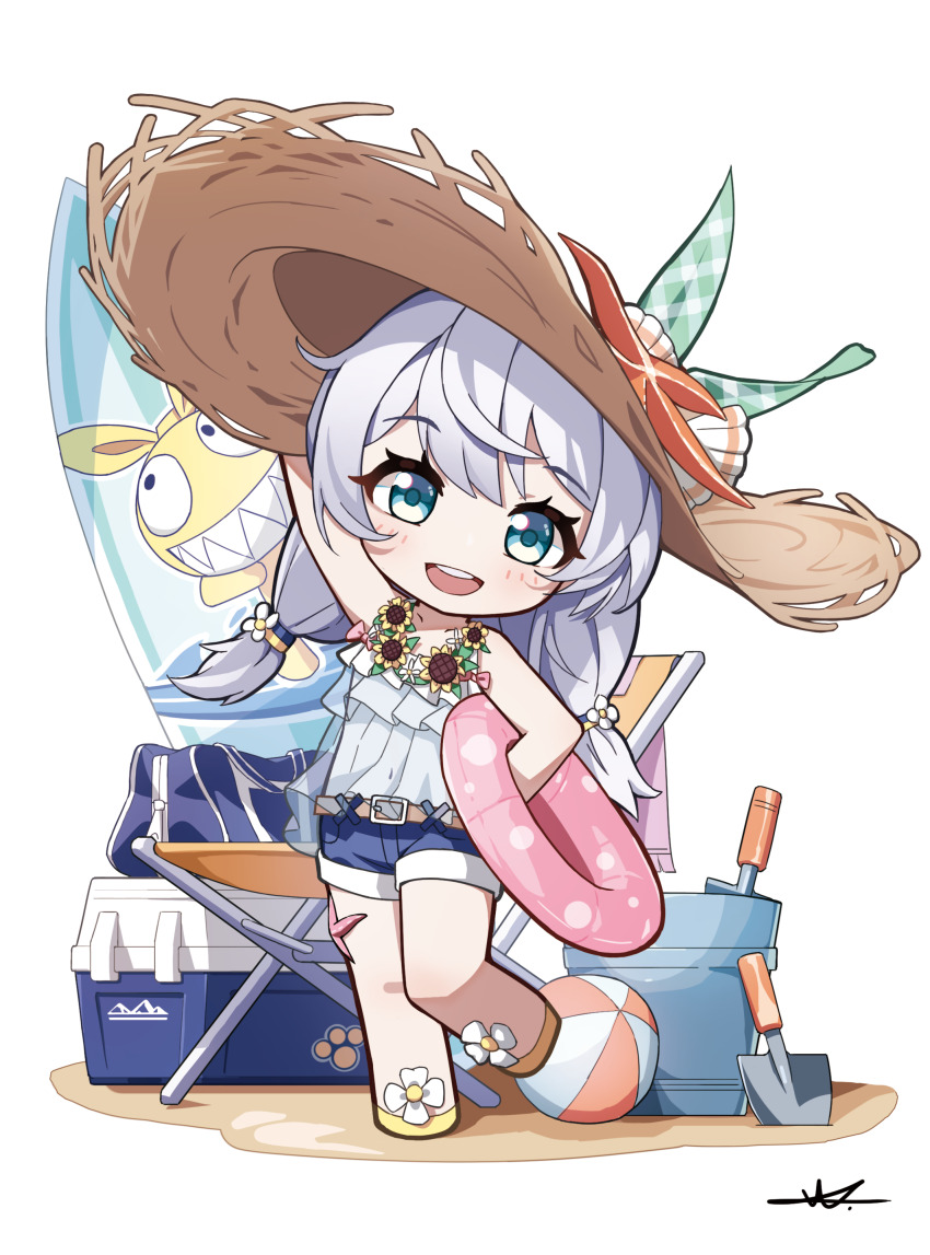 1girl :d absurdres arm_up bare_arms bare_shoulders blue_eyes blue_shorts brown_hat bucket camisole carrying carrying_under_arm chibi commentary flower full_body grey_hair hair_flower hair_ornament hat highres homu_(honkai_impact) honkai_(series) honkai_impact_3rd innertube leaning_to_the_side long_hair looking_at_viewer low_twintails navel open_mouth see-through_clothes shoes short_shorts shorts shuni_valentine signature simple_background smile solo standing standing_on_one_leg straw_hat sunflower swim_ring theresa_apocalypse theresa_apocalypse_(shallow_sunset) theresa_apocalypse_(valkyrie_pledge) trowel twintails very_long_hair white_background white_camisole white_flower yellow_flower yellow_shoes
