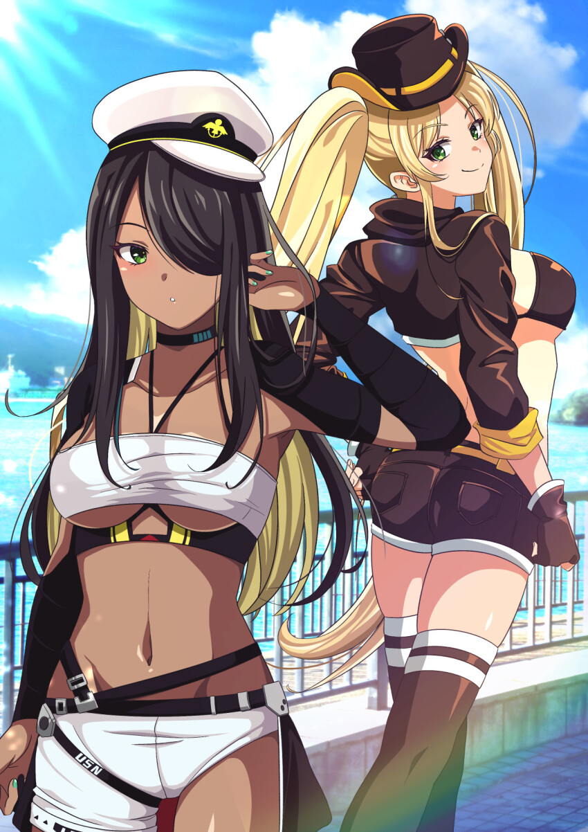 2girls arm_up ass asymmetrical_shorts azur_lane belt bikini bikini_top_only black_belt black_bikini black_choker black_gloves black_hair black_headwear black_shirt black_shorts black_thighhighs blonde_hair blue_sky breasts bridal_gauntlets choker cleavage closed_mouth cloud collarbone commentary_request cowboy_hat cowboy_shot crop_top dark-skinned_female dark_skin fingerless_gloves gloves green_eyes green_nails groin hair_over_one_eye halterneck hand_on_own_hip hat highres hornet_(azur_lane) hornet_ii_(azur_lane) large_breasts lens_flare long_hair looking_at_viewer medium_breasts military_hat multicolored_hair multiple_girls murasaki_tsutsuji navel nipples northampton_(azur_lane) northampton_ii_(azur_lane) ocean outdoors parted_bangs parted_lips peaked_cap railing shirt short_shorts shorts sidelocks sky smile standing stomach strapless sunlight swimsuit thigh_strap thighhighs tube_top twintails two-tone_hair underboob very_long_hair white_headwear white_shorts white_tube_top yellow_belt
