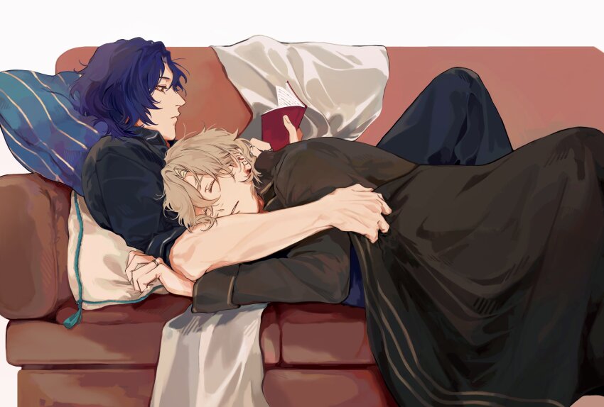 2boys aventurine_(honkai:_star_rail) blonde_hair blue_hair book closed_eyes commentary couch covering_with_blanket cuddling dr._ratio_(honkai:_star_rail) from_side highres holding holding_book honkai:_star_rail honkai_(series) looking_at_object lying lying_on_person male_focus multiple_boys nanimononimo on_back on_couch on_stomach parted_lips pillow pillow_grab reading short_hair simple_background sleeping sleeping_on_person white_background yaoi