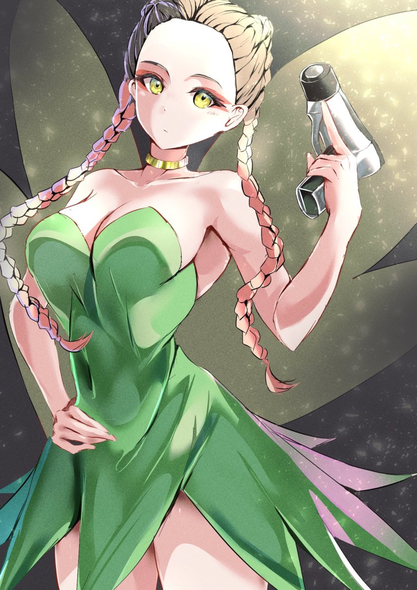 1girl animification apex_legends braid breasts brown_hair cleavage collarbone commission cosplay covered_navel disney fairy_wings gold_choker gun hair_behind_ear handgun head_tilt highres holding holding_gun holding_weapon honehone_(xsnk8483) loba_(apex_legends) medium_breasts multicolored_hair pixiv_commission solo tinker_bell_(disney) tinker_bell_(disney)_(cosplay) twin_braids walt_disney&#039;s_peter_pan weapon wings yellow_eyes