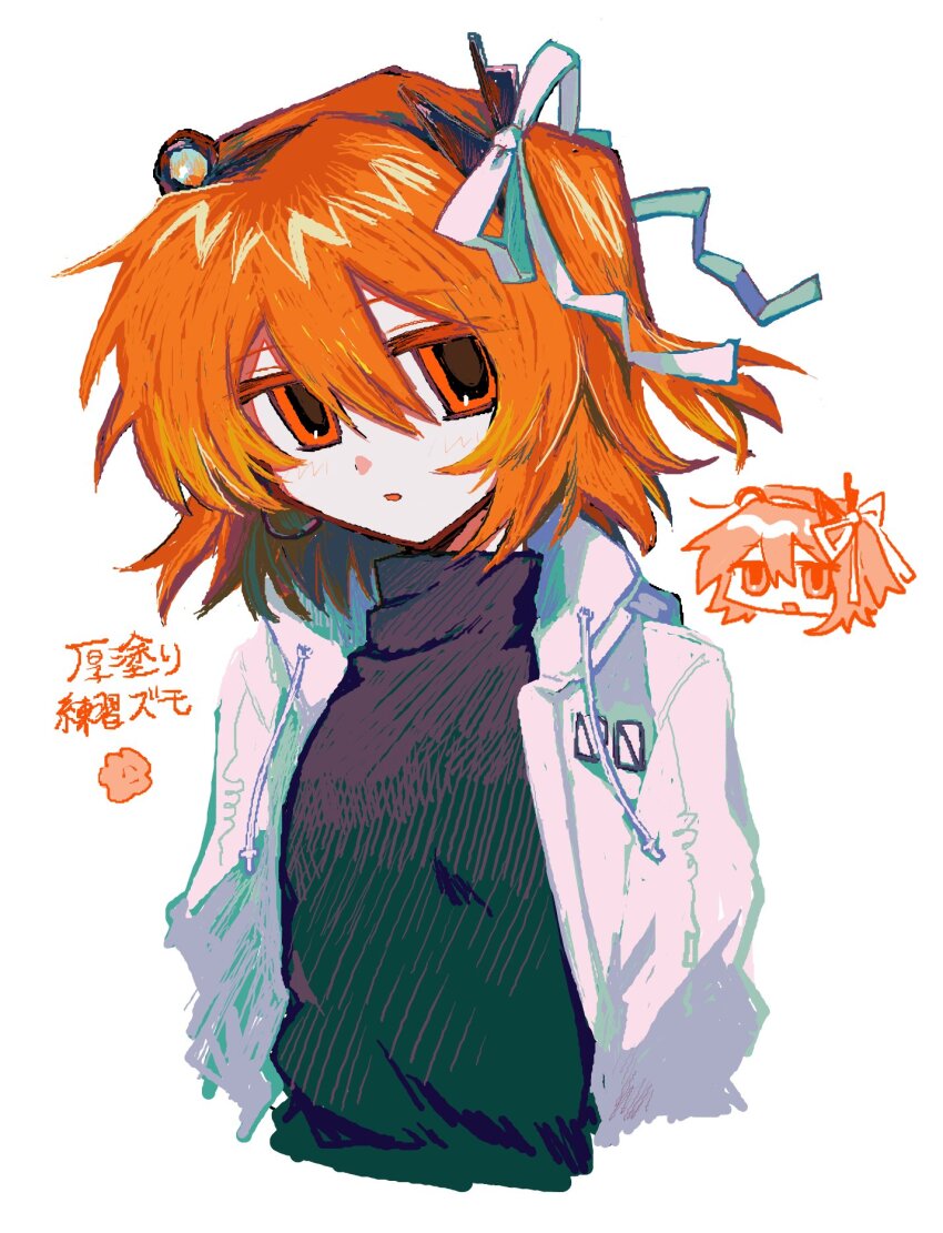 1girl a.i._voice adachi_rei arms_at_sides black_shirt chibi chibi_inset cropped_torso hair_between_eyes hair_ribbon headlamp highres jacket kajuu_(maimai_maimaa) light_blush looking_at_viewer medium_hair multiple_views one_side_up open_clothes open_jacket open_mouth orange_eyes orange_hair ribbon shirt simple_background translation_request turtleneck turtleneck_shirt upper_body utau white_background white_jacket white_ribbon