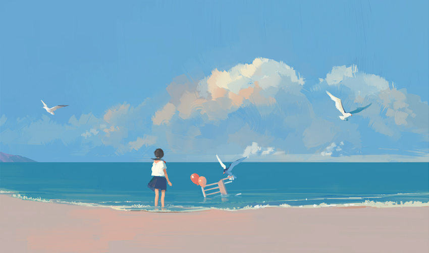 1girl balloon bangqiao_yan beach bird black_hair black_sailor_collar black_skirt blue_sky chair cloud cloudy_sky day from_behind full_body horizon mountainous_horizon ocean original outdoors sailor_collar seagull shirt shore short_hair skirt sky standing wading white_shirt wind