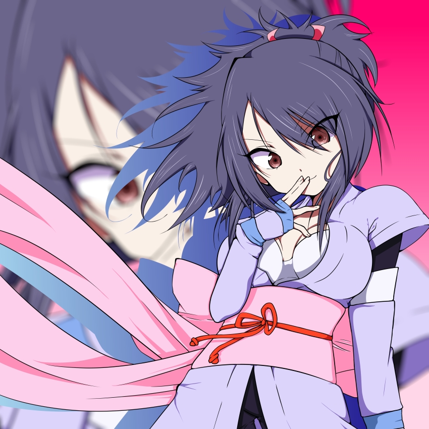 1girl absurdres back_ribbon black_hair breasts brown_eyes cleavage closed_mouth commentary_request detached_sleeves fingers_to_mouth fujibayashi_sheena hair_between_eyes hair_ornament high_ponytail highres japanese_clothes kimono kuroumi_(karenn_328) large_breasts looking_at_viewer ninja obi pink_ribbon pink_sash pink_sleeves ponytail purple_kimono ribbon sash sleeves_past_wrists smile solo spiked_hair tales_of_(series) tales_of_symphonia upper_body