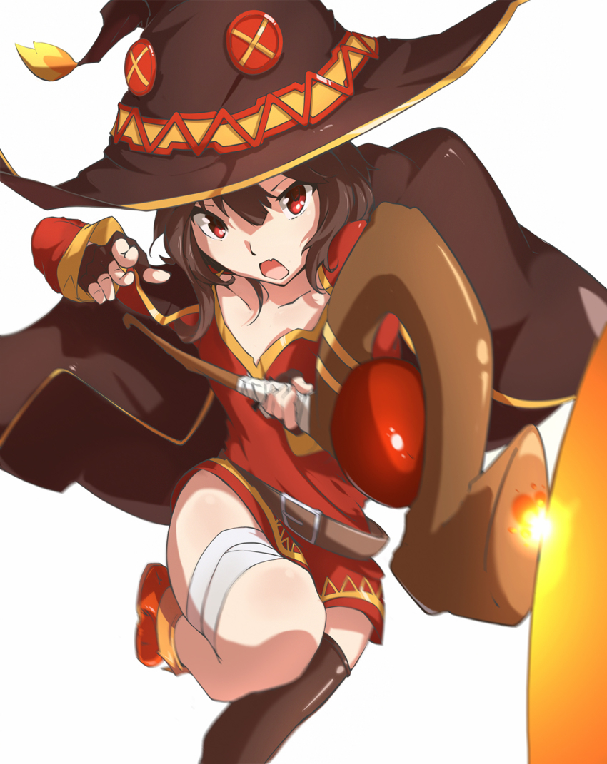 1girl bandaged_leg bandages belt black_cloak black_hat black_thighhighs blurry brown_belt casting_spell cloak collarbone commentary_request cowboy_shot dress fang fingerless_gloves gloves hair_between_eyes hat highres holding holding_staff kono_subarashii_sekai_ni_shukufuku_wo! looking_to_the_side medium_hair megumin open_mouth red_dress red_eyes red_shoes renze_l shoes simple_background single_thighhigh skin_fang solo staff standing standing_on_one_leg thighhighs white_background witch_hat