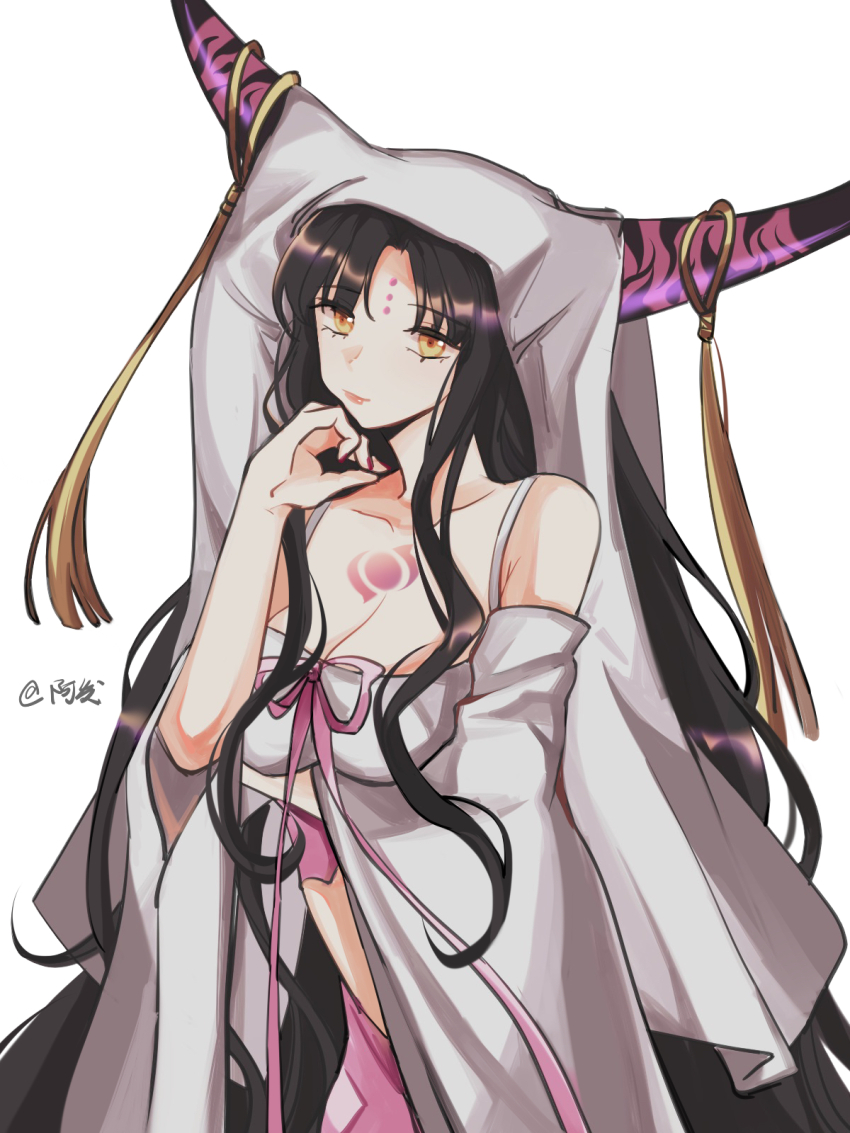 1girl arm_under_breasts artist_name black_hair black_horns breasts chest_tattoo chinese_commentary cleavage closed_mouth cowboy_shot dress facial_mark fate/extra fate/extra_ccc fate/grand_order fate_(series) fingernails forehead_mark hand_on_own_cheek hand_on_own_face head_rest highres horn_ornament horn_ring horns large_breasts lips long_hair long_sleeves looking_at_viewer may_(mayorz) multicolored_horns nail_polish panties parted_bangs pink_horns pink_nails pink_panties pink_ribbon ribbon sessyoin_kiara sessyoin_kiara_(heaven&#039;s_hole) sessyoin_kiara_(third_ascension) sidelocks simple_background solo tassel tattoo underwear veil very_long_hair white_background white_dress white_veil wide_sleeves yellow_eyes