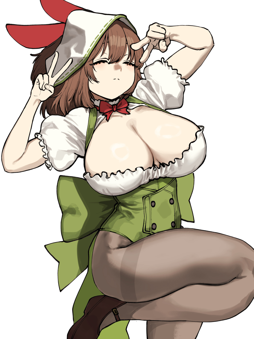 1girl absurdres back_bow bodice bow bowtie breasts brown_hair brown_pantyhose brown_shoes chroong cleavage closed_eyes closed_mouth double_v expressionless foot_out_of_frame green_bow guardian_tales highres innkeeper_loraine knee_up large_breasts mary_janes medium_hair pantyhose puffy_short_sleeves puffy_sleeves red_bow red_bowtie shirt shoes short_sleeves simple_background solo standing standing_on_one_leg thighband_pantyhose v white_background white_shirt