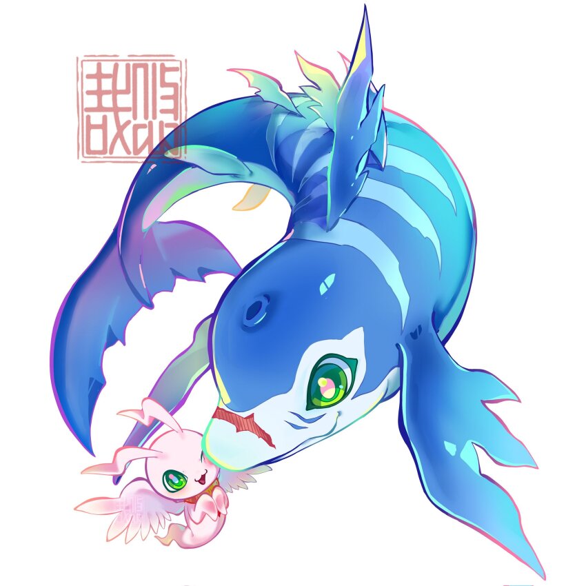angel blue_skin colored_skin digimon digimon_(creature) dolphin fins full_body green_eyes hashtag-only_commentary highres marinangemon no_humans nuzzle pink_skin rukamon scar scar_on_face simple_background white_background youzaiyouzai112
