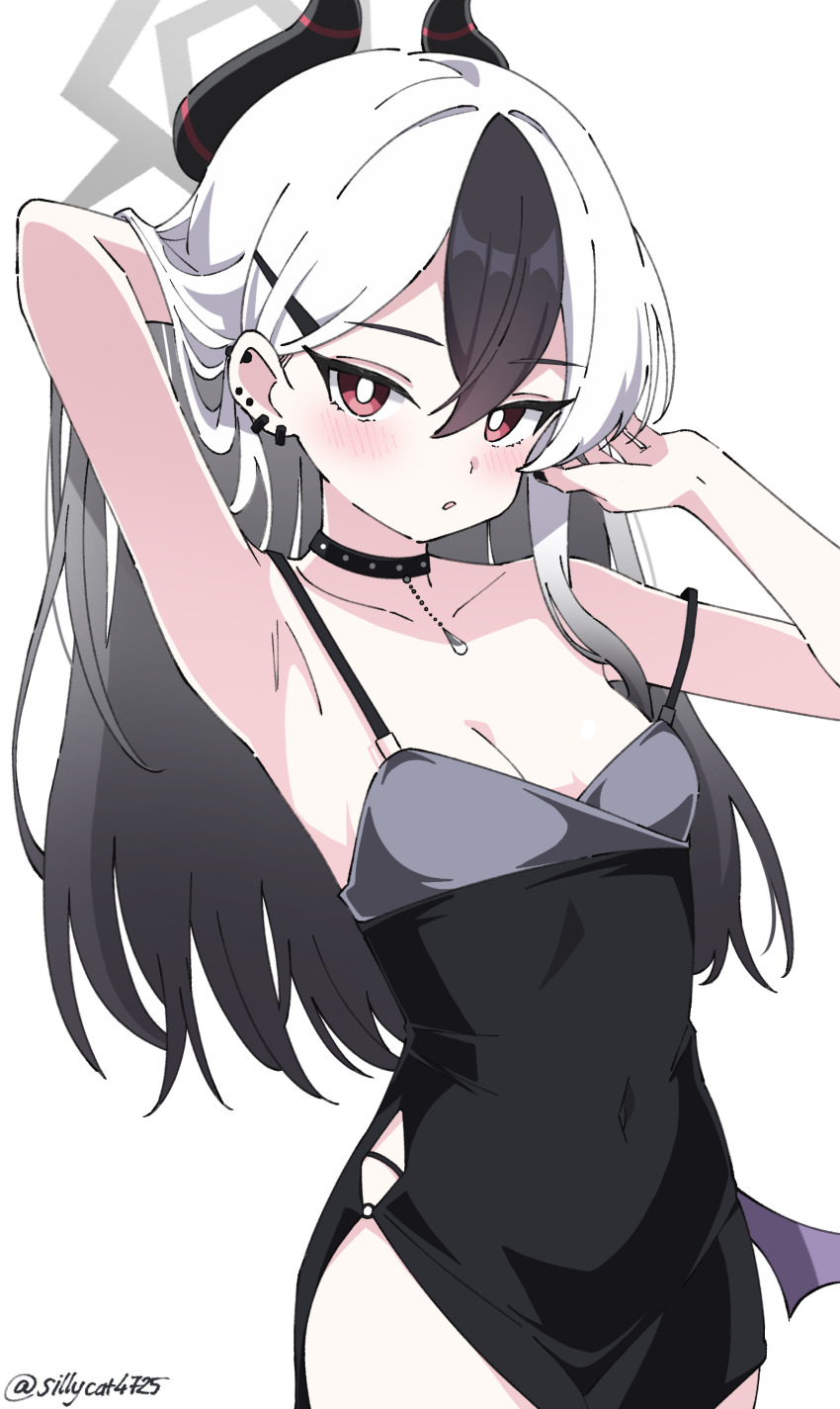 1girl absurdres armpits black_dress blue_archive bright_pupils dress fuzake_neko grey_halo halo highres kayoko_(blue_archive) kayoko_(dress)_(blue_archive) long_hair looking_at_viewer official_alternate_costume red_eyes simple_background single_wing solo white_background white_pupils wings
