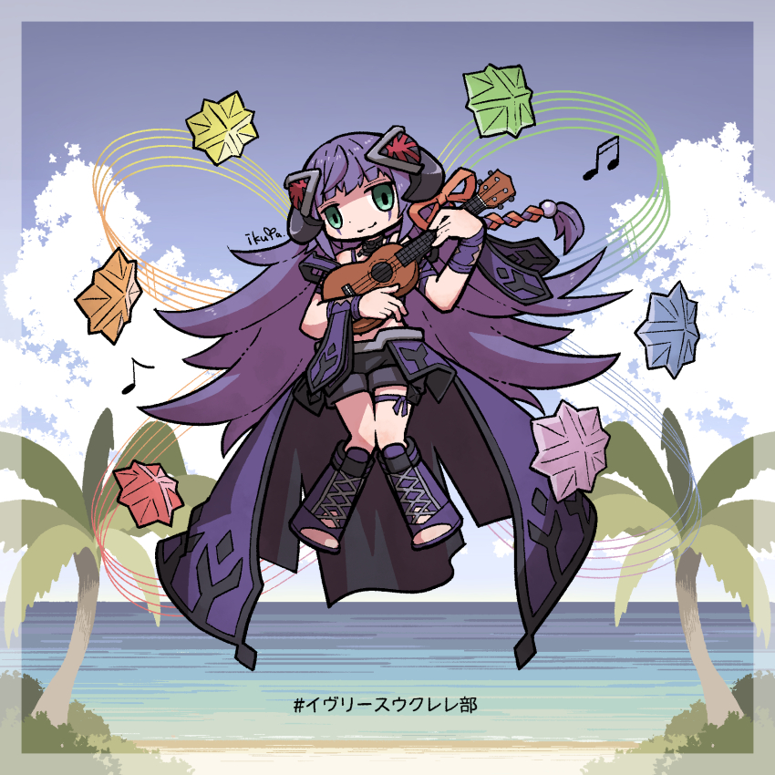 1girl :3 beach black_shorts blunt_bangs boots border dot_nose duel_monster floating full_body green_eyes highres ib_(yu-gi-oh!) ikuya_(mzns198) instrument knightmare_corruptor_iblee lee_(yu-gi-oh!) leg_ribbon long_hair music musical_note ocean open-toe_boots orange_ribbon outdoors playing_instrument purple_boots purple_hair ribbon shorts signature solo thigh_ribbon translation_request ukulele yu-gi-oh!
