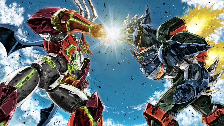 absurdres clenched_hands cloud garimpeiro getter_robo glowing green_eyes highres mecha mecha_focus neo_getter-1 no_humans punching robot science_fiction shin_getter-1 shin_getter_robo_vs_neo_getter_robo sky super_robot thrusters wings