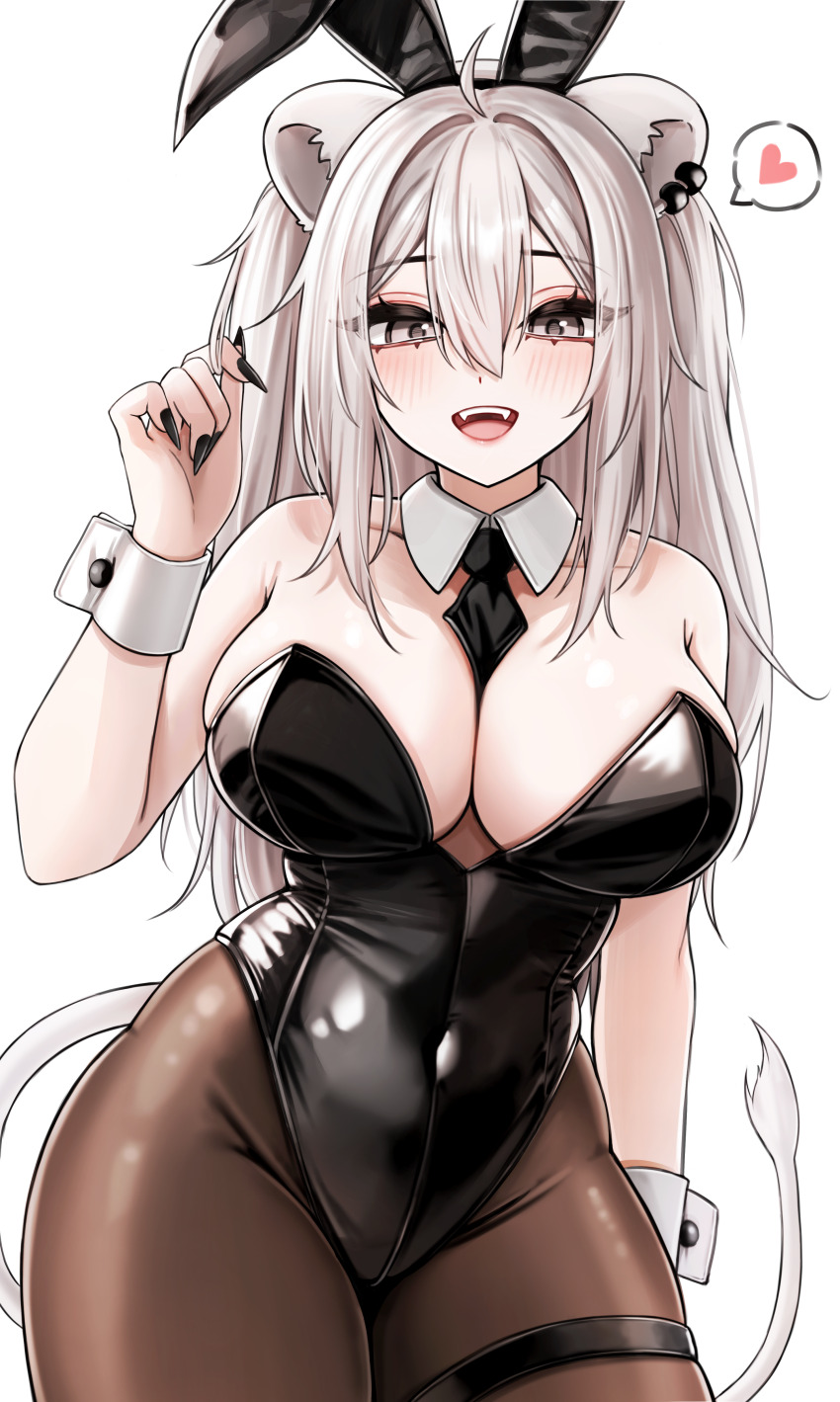 1girl absurdres ahoge animal_ear_piercing animal_ears between_breasts black_nails breasts brown_pantyhose cleavage covered_navel detached_collar fingernails grey_eyes grey_hair heart highres hololive large_breasts lion_ears lion_tail long_fingernails long_hair necktie necktie_between_breasts pantyhose playboy_bunny ruo1001 sharp_fingernails shishiro_botan smile spoken_heart tail thigh_strap virtual_youtuber wrist_cuffs