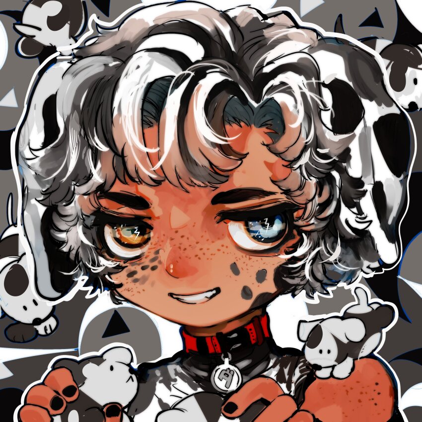 1boy absurdres animal_collar animal_ears black_hair blue_eyes body_freckles brown_eyes collar commentary_request dalmatian dark-skinned_male dark_skin dog_boy dog_ears freckles grey_background grin hands_up heterochromia highres male_focus multicolored_hair original shima_(wansyon144) short_hair sleeveless smile solo streaked_hair upper_body white_hair