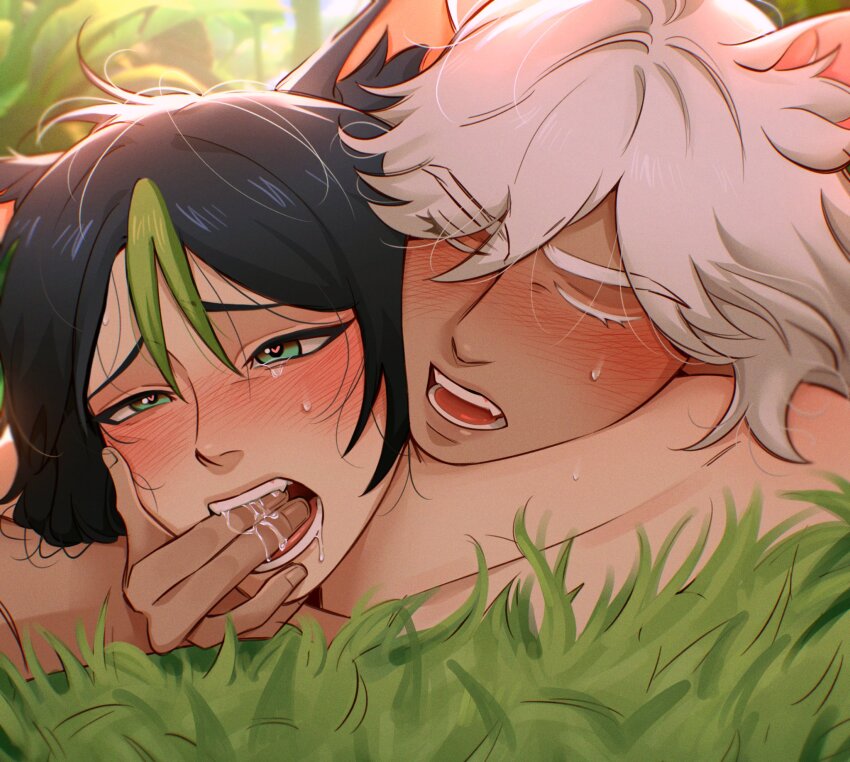 2boys animal_ear_fluff animal_ears black_hair blush closed_eyes colored_eyelashes commentary cyno_(genshin_impact) dark-skinned_male dark_skin double-parted_bangs drooling english_commentary finger_in_another&#039;s_mouth genshin_impact grass green_eyes green_hair heart heart-shaped_pupils highres implied_penetration implied_sex kemonomimi_mode looking_ahead lying lying_on_person male_focus multicolored_hair multiple_boys on_stomach open_mouth parted_bangs saliva sweat symbol-shaped_pupils tearing_up teeth tighnari_(genshin_impact) tongue white_hair wiistef yaoi