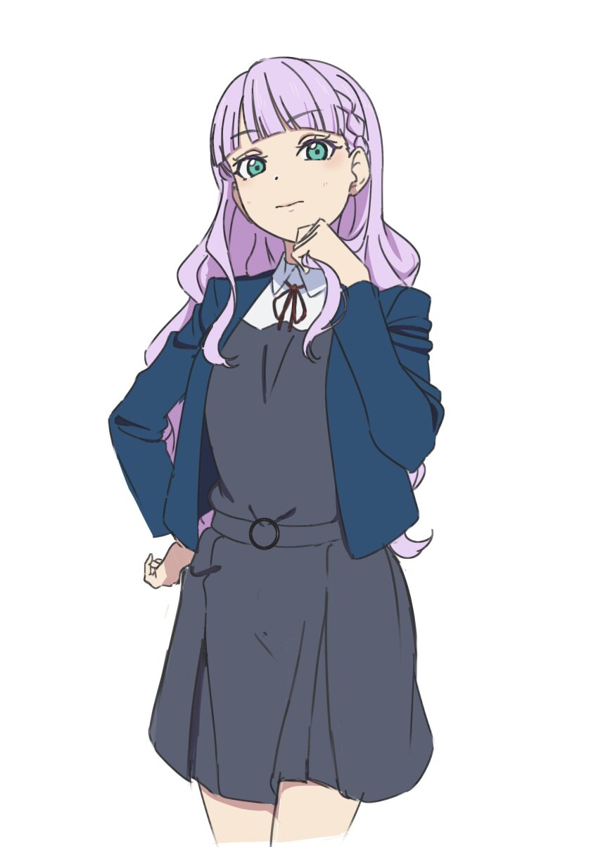 1girl 3: absurdres blue_jacket blunt_bangs braid clenched_hand closed_mouth collared_shirt commentary_request cowboy_shot dress dress_shirt frown fujimiz green_eyes grey_dress hand_on_own_hip highres jacket long_hair long_sleeves looking_at_viewer love_live! love_live!_superstar!! neck_ribbon open_clothes open_jacket pleated_dress purple_hair red_ribbon ribbon school_uniform shirt short_dress side_braids simple_background solo wavy_hair white_background white_shirt wien_margarete winter_uniform yuigaoka_school_uniform