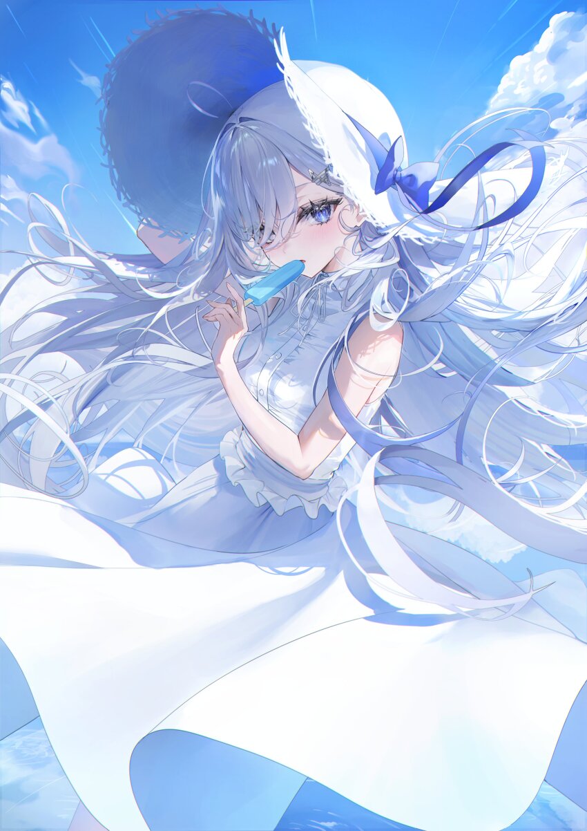 1girl absurdres artist_request bare_shoulders blue_eyes blue_sky cloud collared_dress dress floating_hair food hair_ornament hairclip hat highres holding holding_food holding_popsicle large_hat long_hair looking_at_viewer official_art popsicle shibou_yuugi_de_meshi_o_kuu sky sleeveless sleeveless_dress solo sun_hat white_dress white_hair white_hat yuuki_(shibou_yuugi)