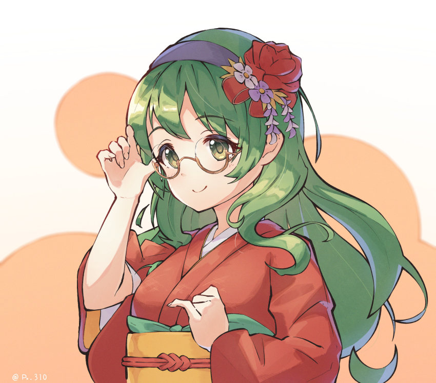 absurdres flower glasses green_eyes green_hair hair_between_eyes hair_ornament highres japanese_clothes karin_(princess_connect!) kimono long_hair princess_connect! px_310