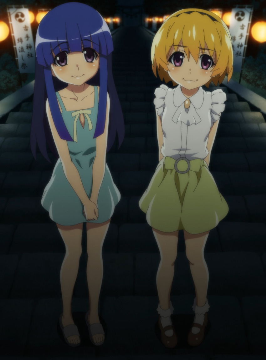 2girls absurdres anime_screenshot blonde_hair blue_dress blue_hair blush closed_mouth dress female_focus furude_rika green_shorts hands_behind high_heels highres higurashi_no_naku_koro_ni houjou_satoko legs long_hair looking_at_viewer miniskirt multiple_girls purple_eyes shirt shirt_tucked_in short_hair short_sleeves shorts skirt sleeveless sleeveless_dress smile socks stairs stitched thighs third-party_edit white_shirt white_socks