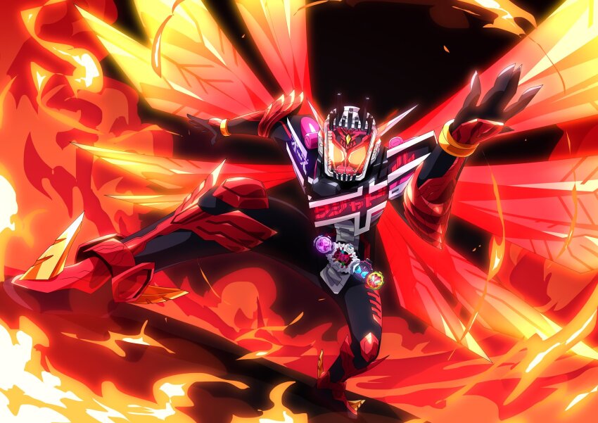 1boy 2009 armor asymmetrical_armor belt commentary_request decade_rider_watch energy_wings fire highres kamen_rider kamen_rider_ooo kamen_rider_ooo_(series) kamen_rider_zi-o kamen_rider_zi-o_(series) landing male_focus mask ooo_rider_watch otokamu powering_up red_armor solo spiked_footwear tajador_(ooo_combo) wings ziku_driver