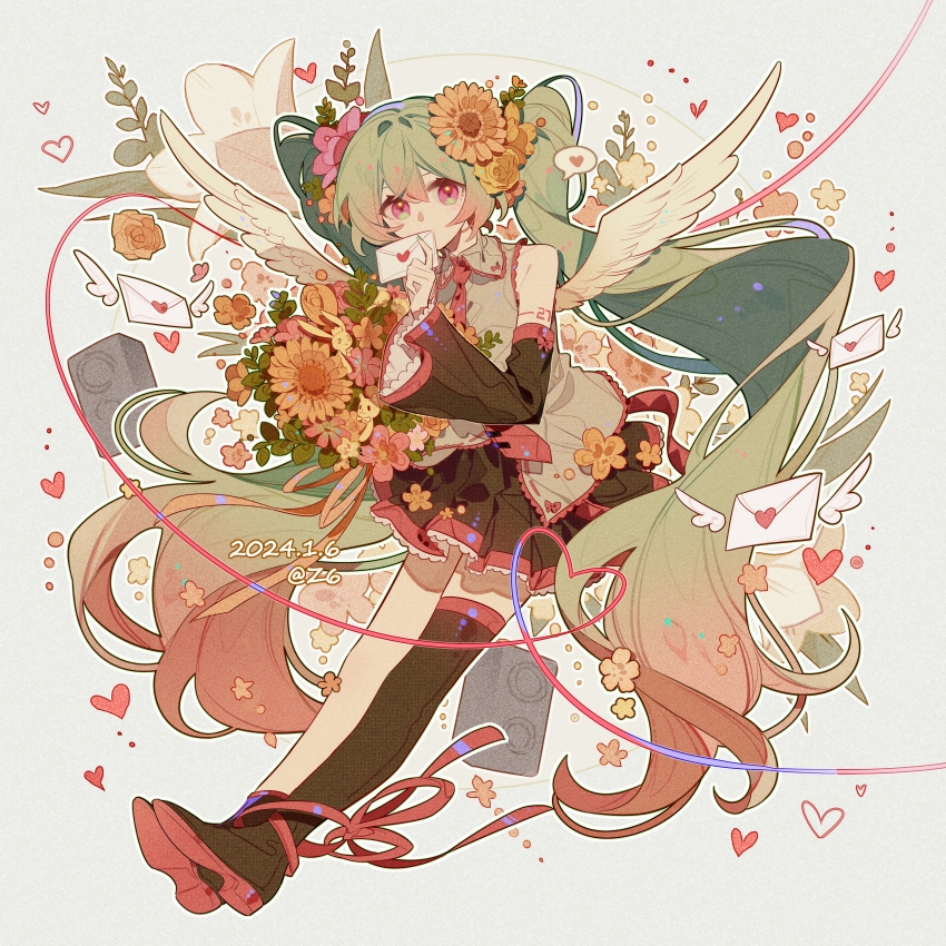 1girl absurdres angel_wings aqua_eyes aqua_hair artist_name asymmetrical_footwear bare_shoulders black_boots black_skirt black_sleeves boots bouquet bow_print chinese_commentary collared_shirt commentary_request dated detached_sleeves dot_nose envelope feathered_wings flower full_body gradient_eyes gradient_hair grey_background grey_shirt hair_flower hair_ornament happy hatsune_miku heart heart_of_string highres holding holding_bouquet holding_envelope lace lace-trimmed_shirt lace-trimmed_skirt lace-trimmed_sleeves lace_trim long_hair long_sleeves looking_at_viewer miniskirt multicolored_eyes multicolored_hair necktie open_mouth outline pink_eyes pink_flower pink_hair pink_necktie pleated_skirt ribbon-trimmed_shirt ribbon_trim shirt single_bare_leg skirt sleeveless sleeveless_shirt smile solo spoken_heart star_(symbol) sunflower thigh_boots twintails very_long_hair vocaloid white_outline white_wings wide_sleeves wings yellow_flower z6