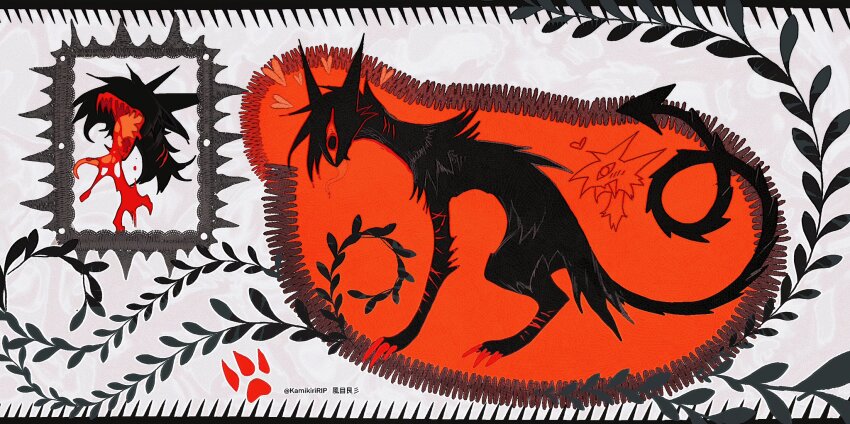 abstract_background animal animal_focus black_fur black_tail chibi chibi_inset claws colored_teeth demon_tail heart highres kamikiririp one-eyed original plant red_claws red_teeth solo tail watermark weibo_watermark