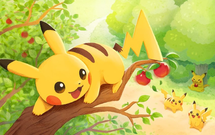 :d animal_focus apple branch closed_eyes closed_mouth commentary_request day eating food fruit gen_1_pokemon holding holding_food holding_fruit leaf ma-hain-scarlet nintendo no_humans open_mouth outdoors pikachu pokemon pokemon_(creature) smile tongue tree