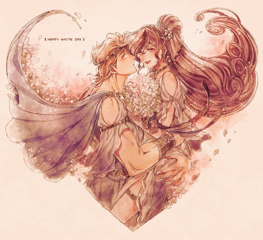 1boy 1girl :d ancient_greek_clothes bangle blue_cape blue_eyes bracelet brown_hair cape character_name couple dress earrings greco-roman_clothes hair_ornament hercules_(1997_film) hercules_(disney) hetero highres holding_hands hug hug_from_behind jewelry long_hair makeup megara_(disney) mizala one_eye_closed open_mouth orange_hair purple_dress simple_background smile