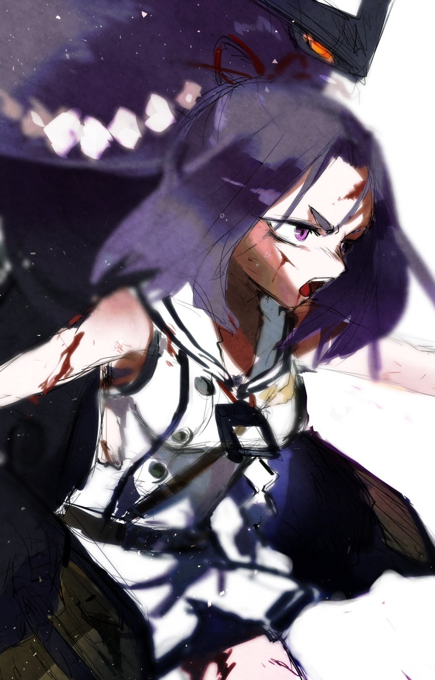 1girl agtt25333 blood female_focus floating hair_ribbon hatsuharu_(kancolle) hatsuharu_kai_ni_(kancolle) highres injury kantai_collection motion_blur open_mouth ponytail purple_eyes purple_hair red_ribbon ribbon shide shirt sketch sleeveless sleeveless_shirt solo thick_eyebrows white_background
