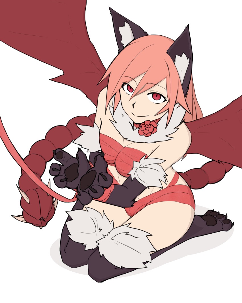 1girl absurdres animal_ears animal_hands anoncolorz bat_wings bdsm bondage bound bow cat_ears colorized female_focus fur gift highres kneeling looking_up manticore manticore_(monster_girl_encyclopedia) monster_girl monster_girl_encyclopedia monster_girl_encyclopedia_ii p01ntless pet pink_hair red_eyes ribbon sitting slit_pupils smile solo spikes tail white_background wings