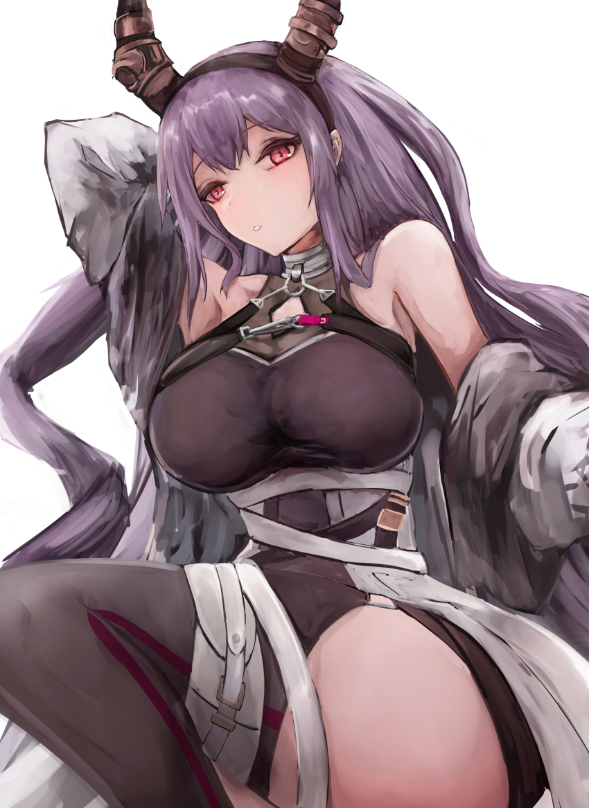 1girl absurdres arknights bare_shoulders black_hairband black_horns black_shirt breasts cowboy_shot fake_horns hairband highres horns jacket kisumun large_breasts long_hair looking_at_viewer off_shoulder purple_eyes purple_hair shirt simple_background solo typhon_(arknights) very_long_hair white_background