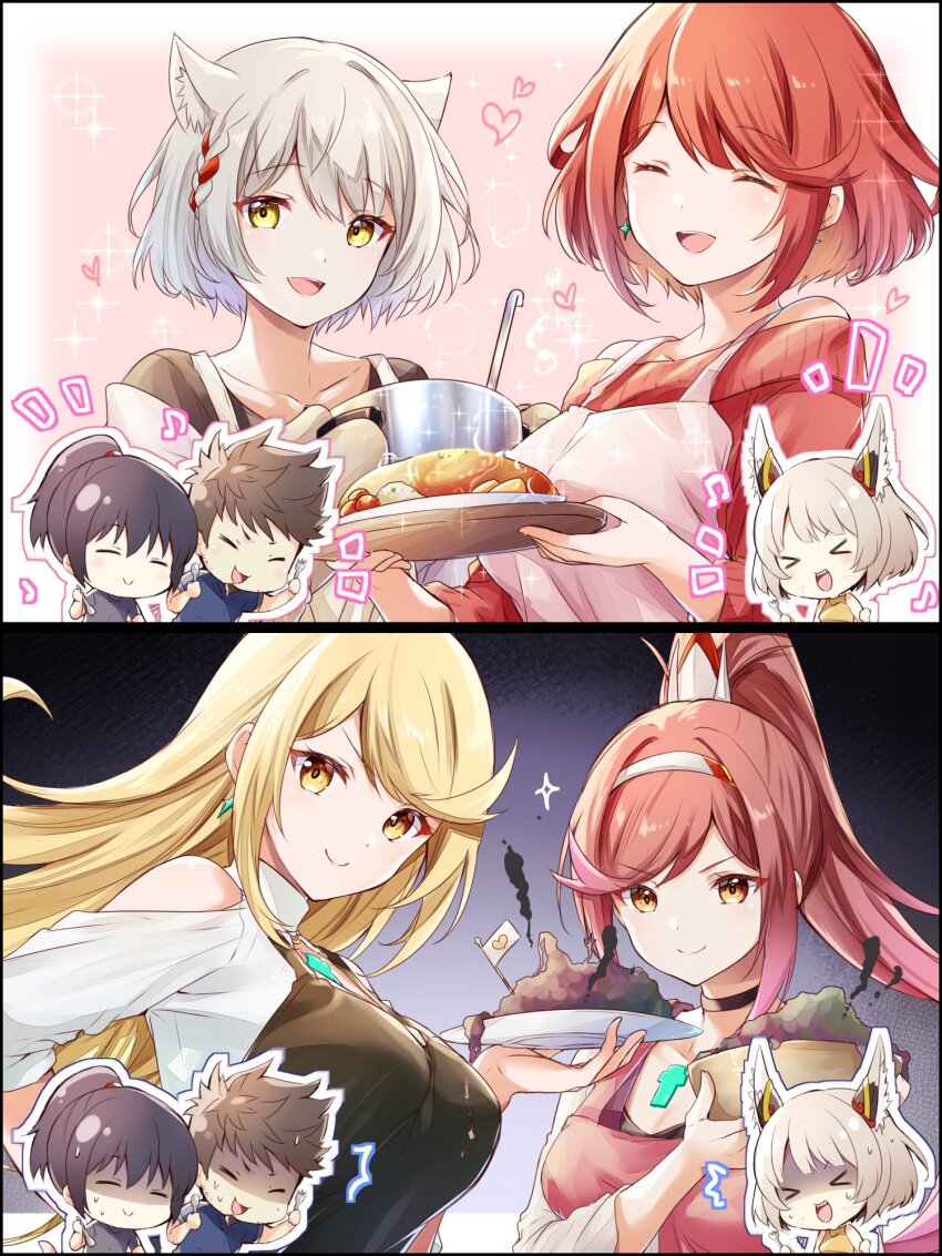 &gt;_&lt; 2boys 5girls animal_ears blonde_hair braid cat_ears chest_jewel chibi cooking_pot father_and_daughter food glimmer_(xenoblade) happy highres holding holding_cooking_pot husband_and_wives mio_(xenoblade) mother_and_daughter multiple_boys multiple_girls mythra_(xenoblade) nia_(xenoblade) noah_(xenoblade) ponytail pyra_(xenoblade) red_hair rex_(xenoblade) short_hair single_braid smile ui_frara xenoblade_chronicles_(series) xenoblade_chronicles_2 xenoblade_chronicles_3 xenoblade_chronicles_3:_future_redeemed